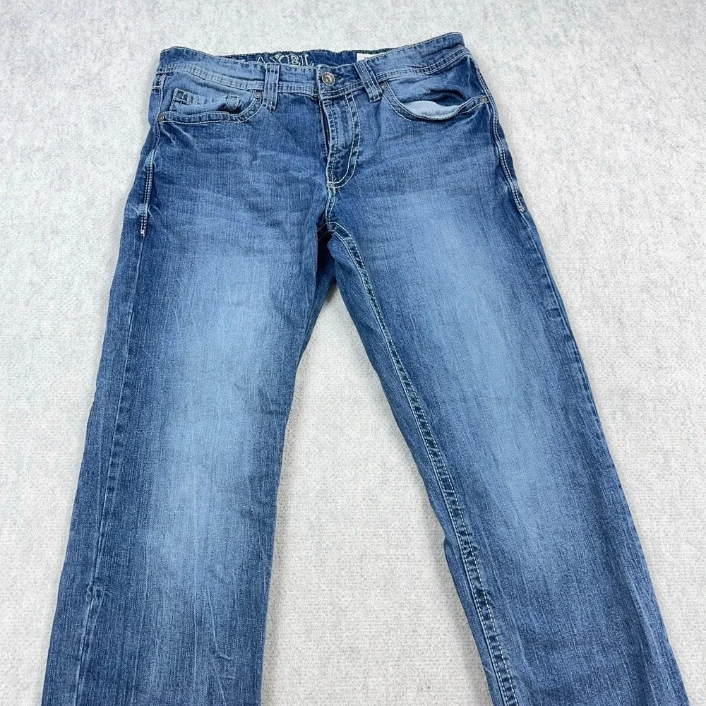 TK Axel Jeans Men 32x32 Slim Boot Cut Medium Wash Denim Pants Flap Pockets Faded